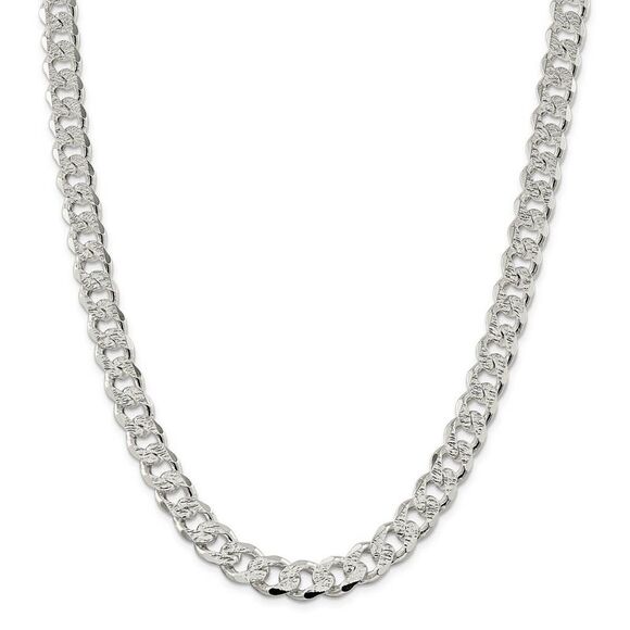 Men's 10.5mm, Sterling Silver Solid Pave Curb Chain Necklace, 24 Inch